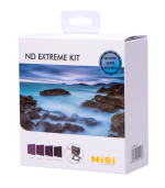 Valkoisessa laatikossa, jossa lukee NiSi Filter IRND Extreme Kit 100mm -suodinpaketti, on kallioinen merenranta, jossa on sumuista vettä, suodattimenäytteitä ja NiSi-logo oikeassa alakulmassa.