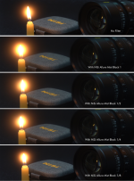 Side-by-side comparison of a burning candle, a lens and a grey NiSi bag without filter and with four Nisi Cine Filter Allure Black Mist 4x5.65" (1) filter strengths, showing the increasing dispersion of candlelight.