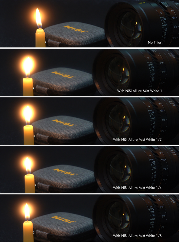 800q-02_110904 The reference image shows a lit candle, a NiSi lens filter housing and a camera lens with five images labelled Niisi Cine Filter Allure White Mist 4x5.65" (1), 1/2, 1/4 and 1/8, all showing a stronger diffusion effect.