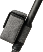 NiSi Pouch for M75 Holder and Filters, grey fabric with flap, is attached to a black patterned pole with a matching grey strap with black edges.