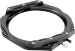 Close-up of the NiSi Switch Filter Holder 100mm, a black metal circular holder with silver screws and knobs for attaching filters to the camera lens, on a light grey background.