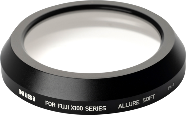Close-up of the black NiSi filter Allure Soft for Fuji X100 (diffusion filter), model FX-3, on a white background.