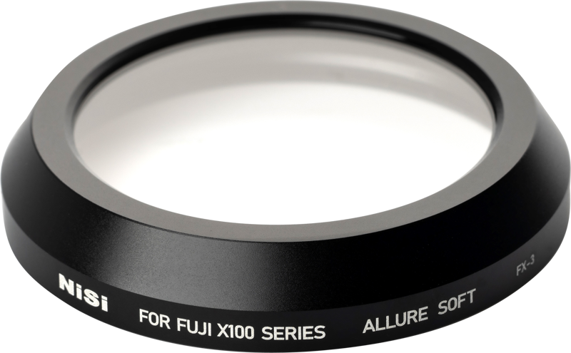 Close-up of the black NiSi filter Allure Soft for Fuji X100 (diffusion filter), model FX-3, on a white background.