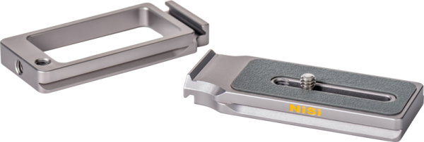 Two silver metal NiSi Universal Adjustable L-plates (NLP-C) with screw and textured handle are shown on a white background.