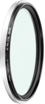 Close-up of the NiSi Filter Swift System Black Mist 1/8 95mm diffusion filter, highlighting its slim, round metal frame and clear glass centre against a light background.