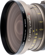 Close-up of NiSi Cine Filter Explosion Proof / True Protector AG-11175 protective filter mounted on Angénieux Type EZ-2 lens, showing sharp details of lens markings, focus and zoom rings with reflective glass surfaces.