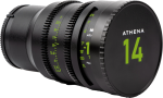 Close-up of a black NiSi Cine lens cover for Athena 14mm T2.4 with green metering markings and "ATHENA 14" in bold green text on the front cover.