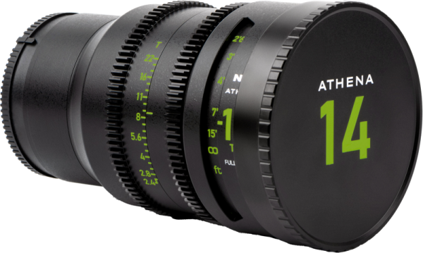 Close-up of a black NiSi Cine lens cover for Athena 14mm T2.4 with green metering markings and "ATHENA 14" in bold green text on the front cover.