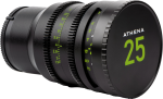 NiSi Cine Lens Cap for Athena 25mm T1.9 (takatulppa) näkyy vaalealla pohjalla, ja se on suunniteltu sopimaan turvallisesti mustiin kameran objektiiveihin, joissa on merkintä ATHENA 25 ja vihreät ja valkoiset tarkennus- ja aukkomerkinnät.