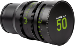 Musta NiSi Cine -objektiivin suojus Athena 50mm T1.9 -objektiiville, jossa on vihreät aukko- ja tarkennusmerkinnät, kuvioidut pitorenkaat ja mattapintainen viimeistely - ihanteellinen takatulppa (takalinssi).