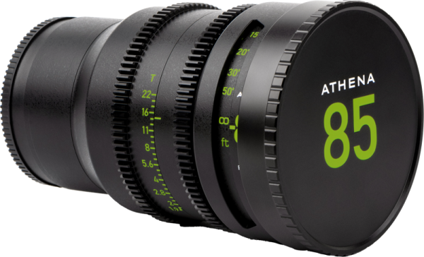 The NiSi Cine Lens Cap for Athena 85mm T1.9 covers a black lens with green markings and "85" prominently displayed on the cap, and includes focus and aperture adjustment rings.