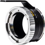 Close-up of the NiSi Cine Lens Mount Adapter Athena PL-DX in silver and black, highlighting the detailed screws and protruding tab on a white background.