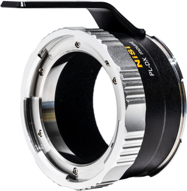 Close-up of the NiSi Cine Lens Mount Adapter Athena PL-DX in silver and black, highlighting the detailed screws and protruding tab on a white background.