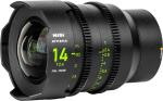 Lähikuva NiSi Cine Lens Athena Prime 14mm T2.4 E-Mount -objektiivista (ilman drop-in-suodatinta), jossa on yksityiskohtaiset tarkennus- ja aukkomerkinnät kirkkaanvihreällä värillä sen mustassa, kuvioidussa metallirungossa.