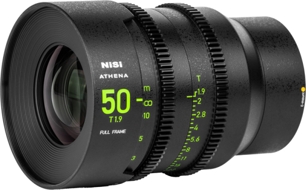 800q-02_126397 NiSi Cine Lens Athena Prime 50mm T1.9 E-Mount (without drop-in filter), black full-frame lens with green markings, "50mm T1.9", focus and aperture scales and textured rings, shown on a light grey background.