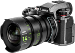 Close-up of Panasonic Lumix S5 II camera with NiSi Cine L-mount wide-angle lens NiSi Cine Lens Athena Prime 14mm T2.4 L-mount lens attached, front left on white background.