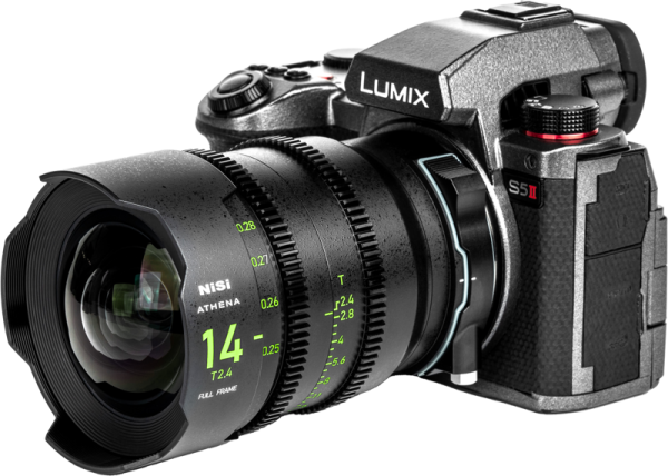 Close-up of Panasonic Lumix S5 II camera with NiSi Cine L-mount wide-angle lens NiSi Cine Lens Athena Prime 14mm T2.4 L-mount lens attached, front left on white background.