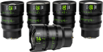 NiSi Cine Lens Athena Prime Set E-Mount (ilman drop-in-suodatinta) näkyy valkoista taustaa vasten, kun neljä objektiivia (25mm, 35mm, 50mm, 85mm) seisoo pystyssä ja 14mm objektiivi makaa edessä. Kaikissa on mustat kotelot, joissa on vihreät merkinnät.