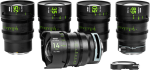 Viisi NiSi Cine Lens Athena Prime Set L-Mount -objektiivia, joissa on vihreät ja valkoiset merkinnät, on sijoitettu riviin, 14 mm:n objektiivi on vaakasuorassa edessä ja objektiivin kiinnityssovitin oikealla.