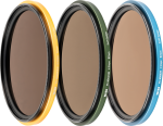 The three NiSi Filter Swift System FS ND Kit (8+64+1000) 40.5-49 mm filters with coloured rims stand upright in a row on a white background, each rim bearing the NiSi logo and specifications.