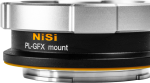 Lähikuva NiSi Cine Lens Mount Adapter Athena PL-GFX -objektiivisovittimesta, jossa on hopea ja musta metallirakenne sekä oranssi tuotemerkki ja teksti.