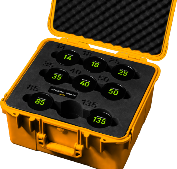 The NiSi Cine Hard Shell Case for 9pcs Athena Lenses opens to reveal eight black lenses with green numbers (14-135) on top, attached to custom foam cases for secure storage and easy transport.