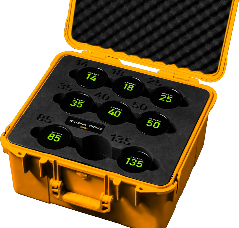 The NiSi Cine Hard Shell Case for 9pcs Athena Lenses opens to reveal eight black lenses with green numbers (14-135) on top, attached to custom foam cases for secure storage and easy transport.