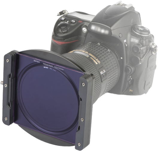Digital SLR camera with NiSi filter Natural Night 100x100mm and a square filter holder mounted on the lens for photography.