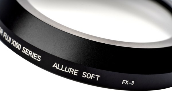 Close-up of the NiSi Filter Allure Soft for Fuji X100 (Black) diffusion filter with white text, visible against a plain background.