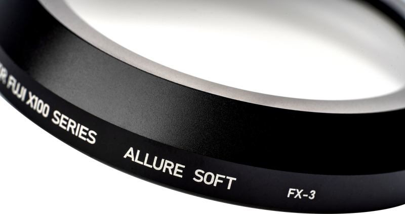 Close-up of the NiSi Filter Allure Soft for Fuji X100 (Black) diffusion filter with white text, visible against a plain background.