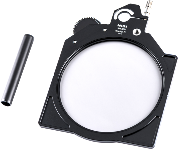 The NiSi Cine Filter Rotating CPL TRUE COLOR 4x5.65" disc filter with gear adjustment and separate cylindrical metal rod appear on a plain white background.