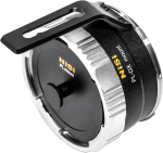 Close-up of the NiSi Cine Lens Mount Adapter Athena PL-DX with metallic finish, black textured handle and yellow branding. The adapter is shown at an angle to show off its robust construction and mounting mechanisms.