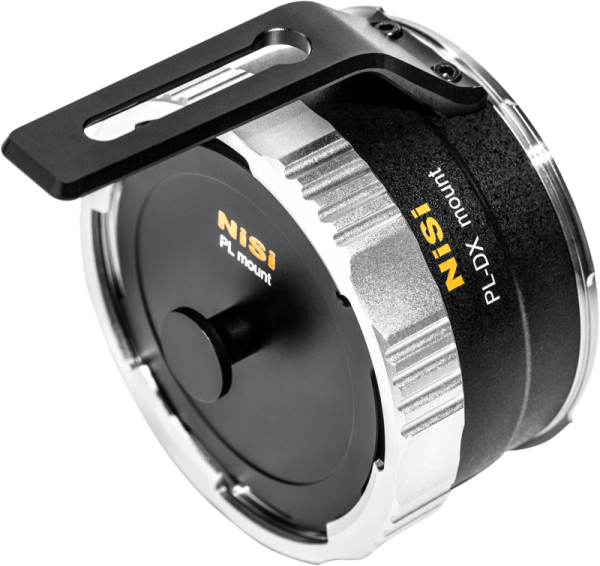 Close-up of the NiSi Cine Lens Mount Adapter Athena PL-DX with metallic finish, black textured handle and yellow branding. The adapter is shown at an angle to show off its robust construction and mounting mechanisms.