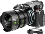 The Lumix S5 II camera with the NiSi Cine L-mount NiSi Cine Lens Athena Prime 14mm T2.4 attached is shown next to the removable lens mount adapter on the white background.
