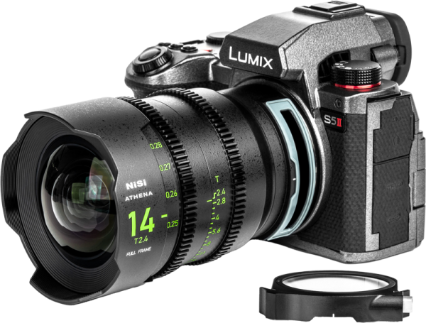 The Lumix S5 II camera with the NiSi Cine L-mount NiSi Cine Lens Athena Prime 14mm T2.4 attached is shown next to the removable lens mount adapter on the white background.