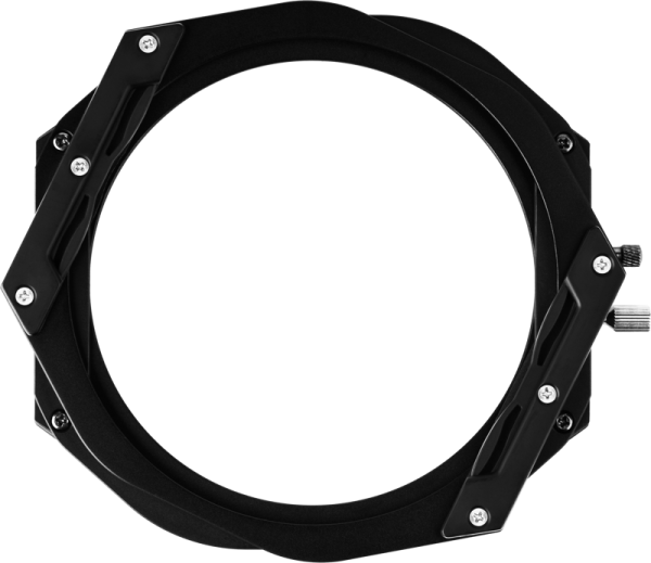 The NiSi Switch Filter Holder 100mm is a black, round holder with metal screws and adjustment knobs designed to be attached to the camera lens to hold 100mm square or rectangular filters. The central opening reveals the internal mounting area.