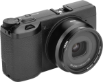 NiSi Lens Adapter For Ricoh GR IIIx - soviterengas näkyy edestä vasemmalta, ja siinä on musta kuvioitu kahva, suuri linssi ja selvästi merkittyjä painikkeita ja valitsimia ylhäällä.