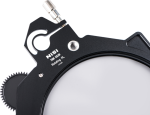 Close-up of the NiSi Cine Filter Rotating CPL TRUE COLOR 4x5.65" disc filter, showing the circular polarizer, metal gear, mounting slot and control knob against a white background.