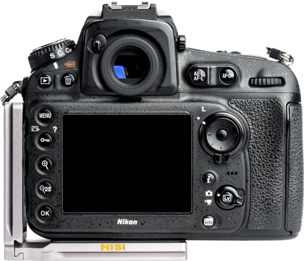 Rear view of a Nikon DSLR camera with buttons, viewfinder, display and dials mounted on a silver NiSi Universal Adjustable L-Plate NLP-C against a white background.
