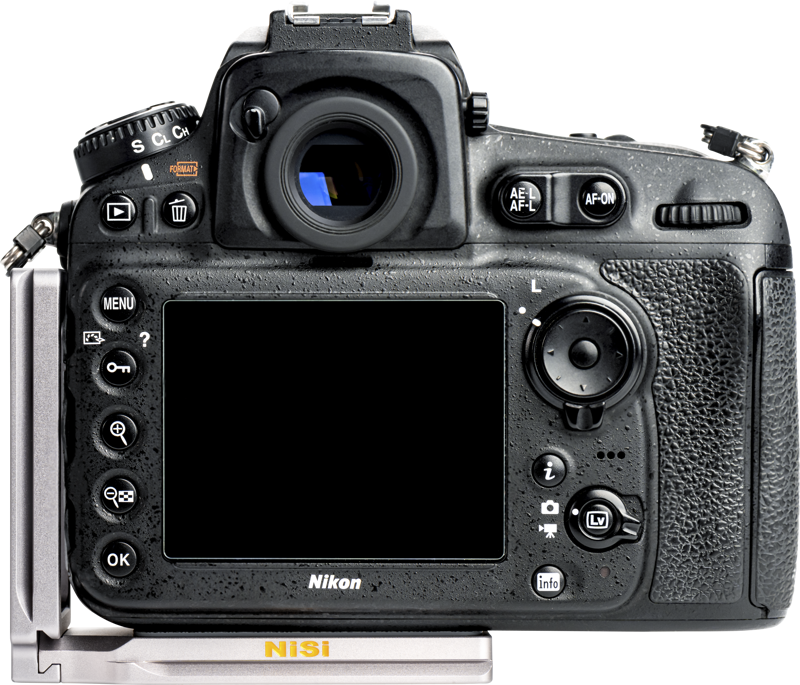 Rear view of a Nikon DSLR camera with buttons, viewfinder, display and dials mounted on a silver NiSi Universal Adjustable L-Plate NLP-C against a white background.