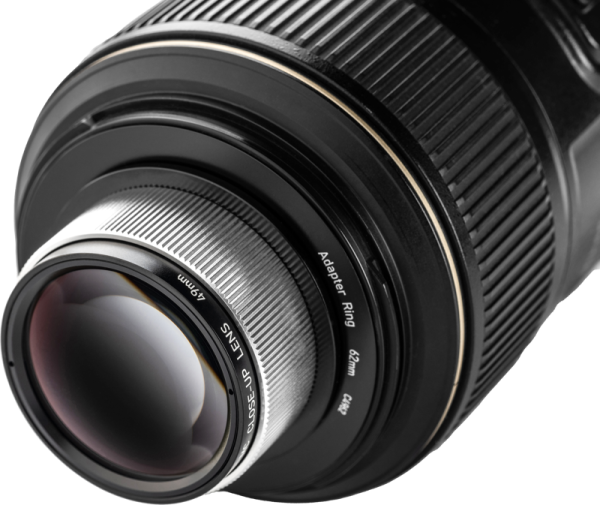 Close Up NiSi Close Up Lens Kit NC 49mm close up lens, highlighting detailed rings, markings and clear reflections in the lens glass.