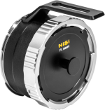 The close-up of the NiSi Cine Lens Mount Adapter Athena PL-DX shows the black body with silver accents, the visible top mount bracket and the NiSi logo with the yellow "PL-DX" text.