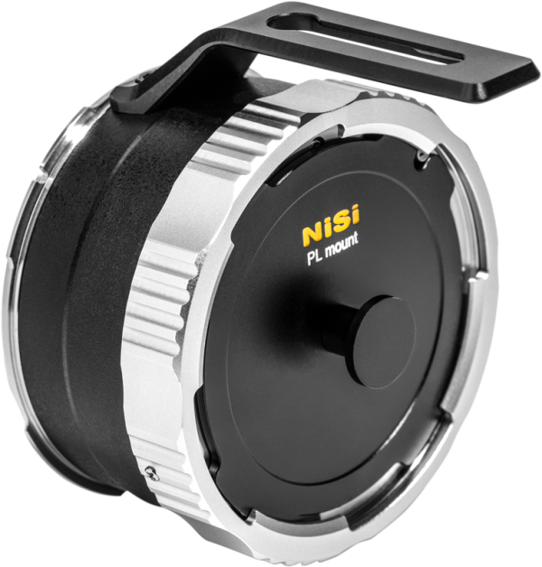 The close-up of the NiSi Cine Lens Mount Adapter Athena PL-DX shows the black body with silver accents, the visible top mount bracket and the NiSi logo with the yellow "PL-DX" text.
