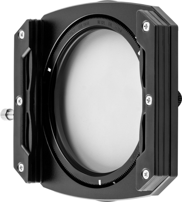 NiSi Filter Holder Kit M75 II TRUE COLOR 75mm System -levysuodin pidike on musta suorakaiteen muotoinen linssin suodattimen pidike, jossa on säädettävä pyöreä aukko ja ruuvit, joilla kehys kiinnitetään, valkoista taustaa vasten.