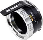 Close-up of the NiSi Cine Lens Mount Adapter Athena PL-DX with textured black and silver body, metal construction, attached black bracket and yellow NiSi logo on the side.