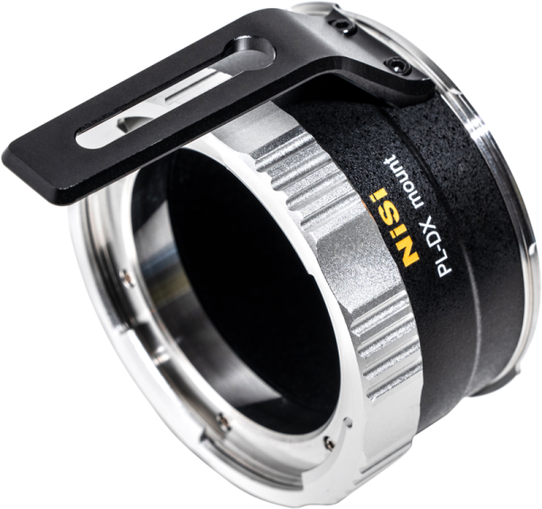 Close-up of the NiSi Cine Lens Mount Adapter Athena PL-DX with textured black and silver body, metal construction, attached black bracket and yellow NiSi logo on the side.
