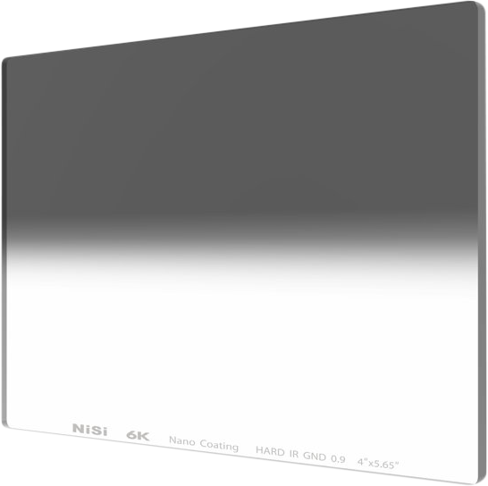 The rectangular NiSi Cine Filter Nano IR GND Hard 4x5.65" 0.3 disc filter has a gradient from dark grey at the top to light grey at the bottom, and its brand name is marked on the edge.