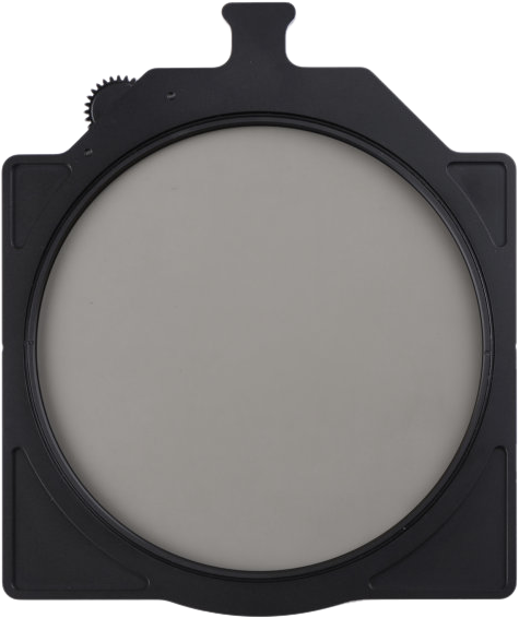 NiSi Cine Filter Rotating CPL 6x6" -levysuodin on musta neliönmuotoinen objektiivin suodattimen pidike, jossa on pyöreä harmaa pyörivä suodatin, jossa on säätöpyörä ja kieleke yläosassa tarkkaa säätöä varten.