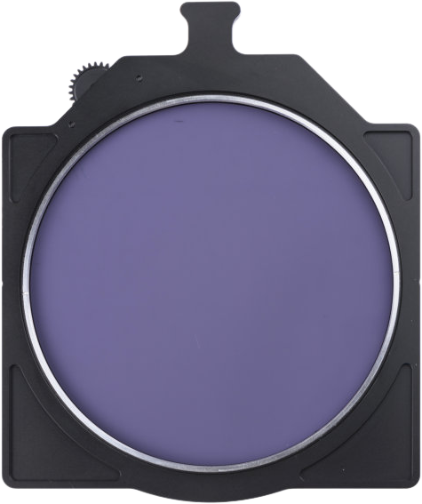 NiSi Cine Filter Rotating Enhanced CPL 6x6" -levysuodin on pyöreä violetti kameran objektiivisuodin, joka on asetettu mustaan neliönmuotoiseen pidikkeeseen, jossa on yläpidike ja vasemmanpuoleinen vaihde.