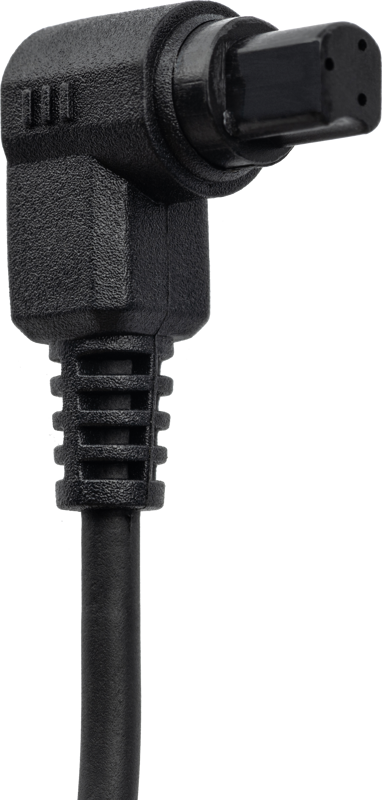 Lähikuva NiSi Shutter Release Cable C2 -laukaisukaapelista Canonille, jossa on musta suorakulmainen liitin, jossa on kuvioitu kahva ja joustava, uurrettu vedonpoisto kaapelin lähellä.
